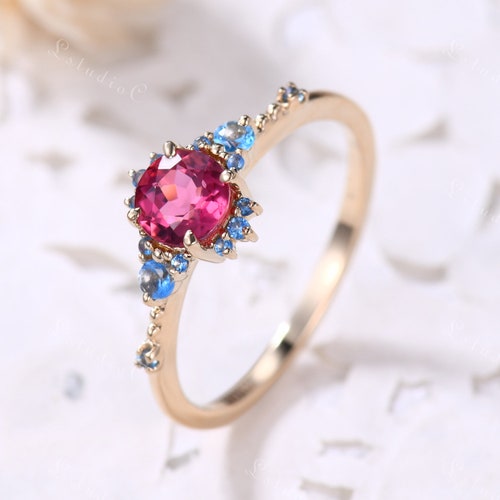 Dainty Pink Tourmaline Ring Natural Tourmaline Engagement Ring Blue Topaz Ring shops Silver Gold Wedding Ring Birthstone Ring Unique Promise Ring