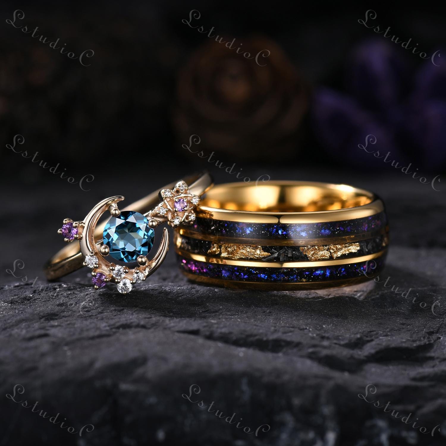 Vintage London Blue Topaz Couple Ring Set Unique Galaxy Tungsten Mens Ring for His and Her Wedding Band Dainty Promise Ring Bridal Set