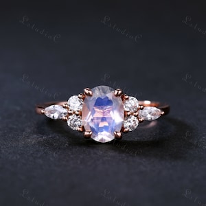 Oval geschliffener Regenbogen Mondstein Verlobungsring 925 Silber Vintage Marquise Moissanit Ring Frauen Verlobungsring Unikat Ring