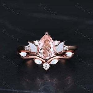 Pear Shaped Pink Morganite Engagement Ring Set Unique Kite Cut Opal Ring Set Cluster Moissanite Bridal Set Marquise Stacking Ring Women Gift