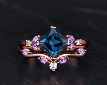 Anello di fidanzamento con topazio blu di Londra taglio principessa, ametista, set di anelli impilabili in oro rosa 14k con moissanite e pietre preziose naturali, set da sposa per donna