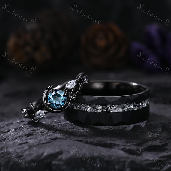 London Blue Topaz Black Gold Couple Ring Set Tungsten Meteorite