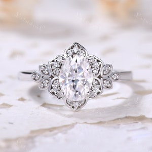Oval cut Moissanite Engagement Ring vvs White Gold Moissanite Ring Vintage Moissanite Ring Flower Moissanite Ring Unique Moissanite Ring