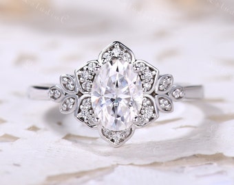 Oval cut Moissanite Engagement Ring vvs White Gold Moissanite Ring Vintage Moissanite Ring Flower Moissanite Ring Unique Moissanite Ring