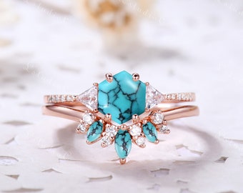 Vintage Hexagon Cut Turquoise Engagement Ring Set Rose Gold Turquoise Wedding Band Antique Wedding Ring Set Bridal Set Sterling Silver Ring