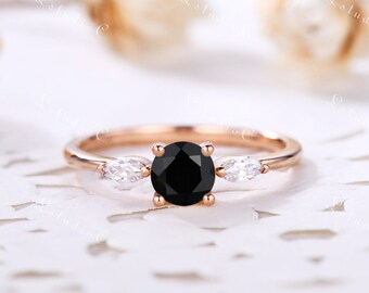 Dainty Black Onyx Engagement Ring Rose Gold Ring Sterling Silver Ring Marquise Ring Promise Ring Dainty Ring Gemstone Ring for Women