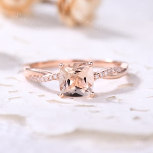 Cushion Cut Morganite Ring Pink Morganite Engagement Ring Natural Morganite Wedding Ring Twist Band Art Deco Women Bridal Statement Ring