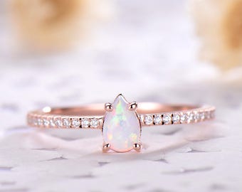 Pear Shape Fire Opal Engagement Ring Dainty Rose Gold Opal Ring Sterling Silver Opal Wedding Ring Minimalist Ring Anniversary Ring Bridal