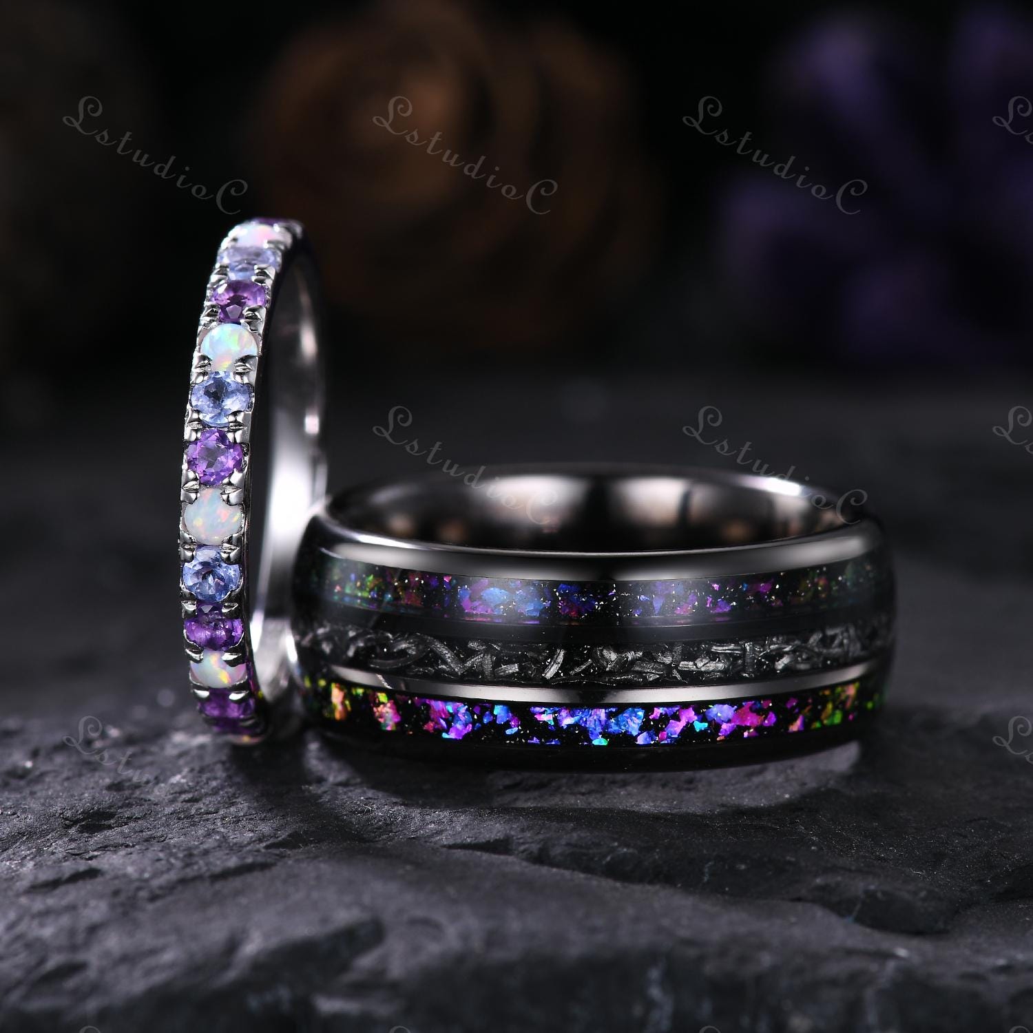 2mmオパールタンザナイトアメジスト結婚指輪セットパープルネビュラ