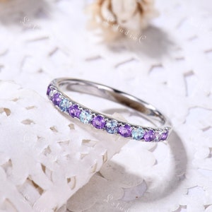 2mm Eva Alexandrite Amethyst Wedding Ring Band White Gold Half Eternity Birthstone Ring Purple Color Change Gemstone Ring Gift for Women