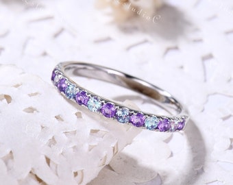2mm Eva Alexandrite Amethyst Wedding Ring Band White Gold Half Eternity Birthstone Ring Purple Color Change Gemstone Ring Gift for Women