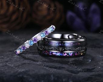 Opal Blue Topaz Amethyst Engagement Ring Set Black Tungsten Galaxy Nebula Mens Ring Birthstone Ring Set Unique Promise Gift for Him and Her