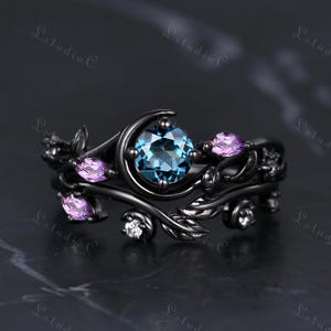 London Blue Topaz Amethyst Black Gold Engagement Ring Set Vintage Crescent Moon Ring Nature Inspired Ring Art Deco Leaf Ring Unique Gift