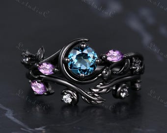 Blauer Topas Amethyst Schwarz Gold Verlobungsring Set Vintage Halbmond Ring Natur Inspirierter Ring Art Deco Blattring Einzigartiges Geschenk