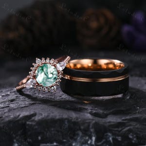 Vintage Moss Agate Couple Ring Set Rose Gold Black Tungsten Wedding Band for His and Her Promise Bridal Set Anniversary Gift for Women Men