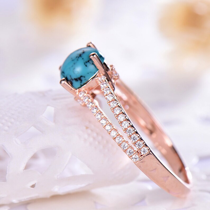 Black Blue Turquoise Engagement Ring 14k 18k Rose Gold CZ Diamond Split Shank Wedding Band 925 Sterling Silver Solitaire Bridal Anniversary
