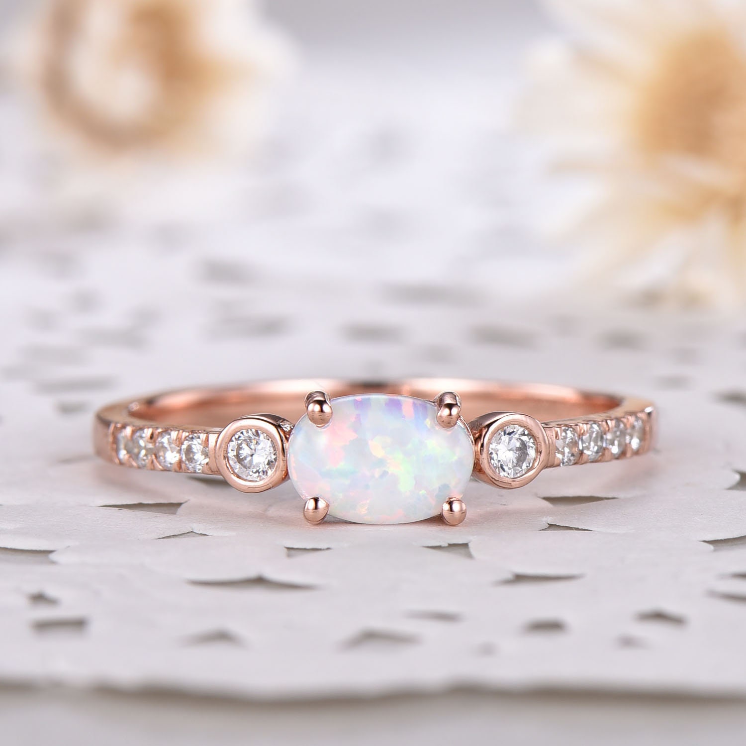 White Fire Opal CZ Diamond Rose Gold Engagement Wedding Ring | Etsy