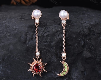 Garnet Peridot Pearl Drop Dangle Earrings Unique Sun Moon Earrings Celestial Rose Gold Earrings Red Green Natural Gemstone Earrings for Her