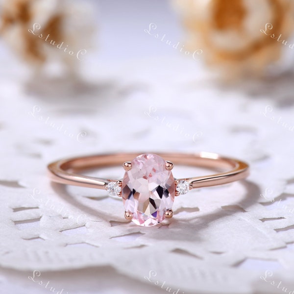 Oval Morganite Ring 14k Rose Gold 3 Stone Morganite Moissanite Engagement Ring Solitaire Pink Morganite Ring Simple Morganite Ring