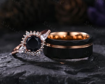 Vintage Black Onyx Couple Ring Set Rose Gold Black Tungsten