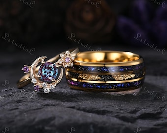 Vintage Round Alexandrite Couple Ring Set Unique Galaxy Tungsten Mens Ring for His and Her Wedding Band Dainty Promise Ring Bridal Set