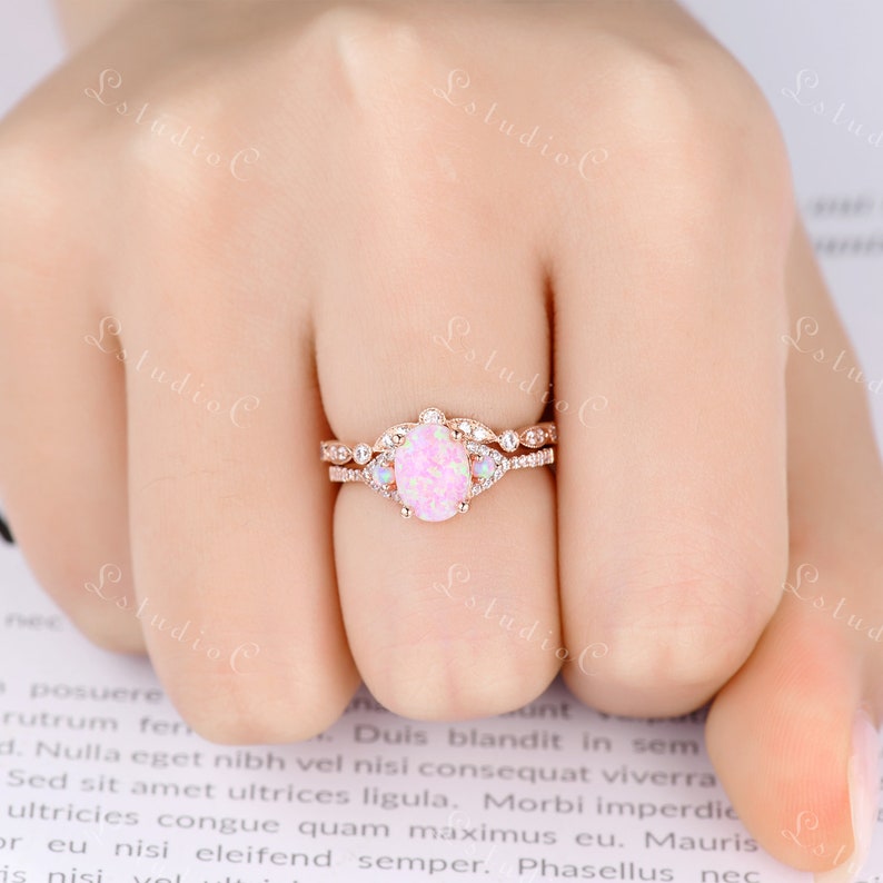 Oval Cut Pink Opal Ring Set 14k Rose Gold Vintage Fire Opal Moissanite Wedding Bridal Ring Set October Birthstone Jewelry Gift for Women image 7