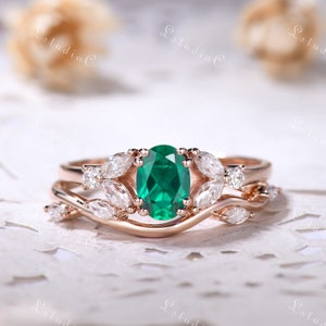 Twig Oval Cut Emerald Engagement Ring Set Vintage Marquise Moissanite Ring Dainty Leaf Vine Bridal Set Antique Promise Ring for Women Gift