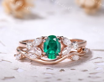 Anillo de compromiso con esmeralda talla ovalada Twig, anillo vintage de moissanita marquesa, delicado conjunto nupcial con diseño de hojas y enredaderas, anillo de promesa antiguo para mujer.