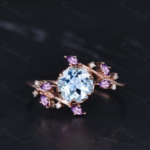 Vintage Blue Aquamarine Leaf Engagement Ring 14k Rose Gold Marquise Amethyst Moissanite Ring Art Deco Twig Branch Bridal Ring for Women