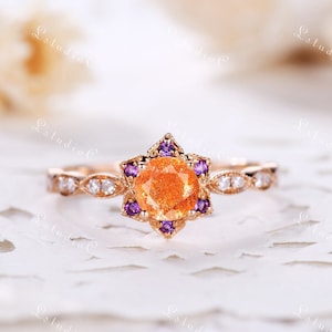 Dainty Sunstone Engagement Ring Rose Gold Amethyst Ring Sterling Silver Unique Ring Gold Gemstone Ring Vintage Ring for Women Promise Ring