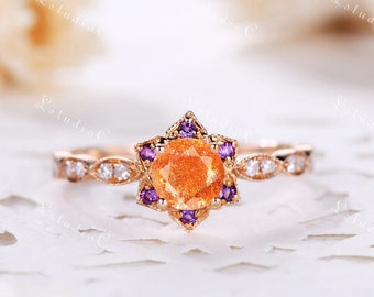 Dainty Sunstone Engagement Ring Rose Gold Amethyst Ring Sterling Silver Unique Ring Gold Gemstone Ring Vintage Ring for Women Promise Ring