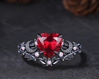 Celestial Heart Shaped Cut Ruby Opal Black Gold Ring Set Vintage Star Moon Red Gemstone Promise Ring July Birthstone Leaf Twig Ring for Her