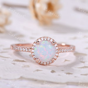 1ct Round Cut Fire Opal Engagement Ring Silver Rose Gold White Opal Moissanite Halo Ring Simple Opal Ring Dainty Opal Ring for Women Gift