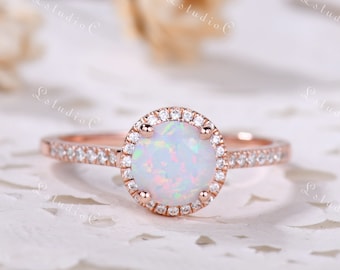 1ct Round Cut Fire Opal Engagement Ring Silver Rose Gold White Opal Moissanite Halo Ring Simple Opal Ring Dainty Opal Ring for Women Gift