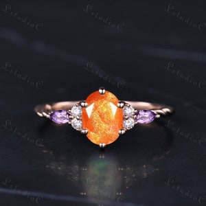 Natural Oval Cut Orange Sunstone Twisted Ring 14k Rose Gold Vintage Marquise Amethyst Moissanite Ring Bridal Cluster Ring Women Gift
