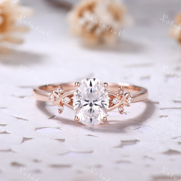 Vintage Flower Moissanite Engagement Ring Rose Gold Art Deco Oval Moissanite Ring Art Deco Vine Ring Antique Promise Ring for Women