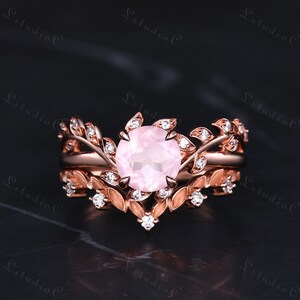 Nature Inspired Rose Quartz Engagement Ring Set Vintage Moissanite Leaf Wedding Ring Set Art Deco Twig Branch Bridal Set Women Promise Gift