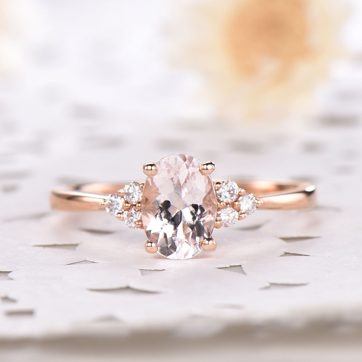 Natural Oval Pink Morganite Engagement Ring Rose Gold Cluster | Etsy
