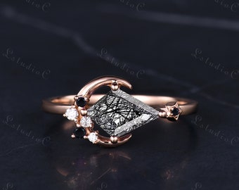 Kite Cut Black Rutilated Quartz Engagement Ring Art Deco Star Onyx Ring Cluster Moissanite Moon Ring Vintage Promise Ring Unique Gift