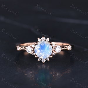 Dainty Round Cut Blue Moonstone Diamond Ring Solid Rose Gold 3 Stone Rainbow Moonstone Engagement Ring Silver Promise Bridal Ring for Women