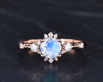 Dainty Round Cut Blue Moonstone Diamond Ring Solid Rose Gold 3 Stone Rainbow Moonstone Engagement Ring Silver Promise Bridal Ring for Women