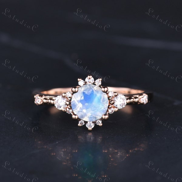 Dainty Round Cut Blue Moonstone Diamond Ring Solid Rose Gold 3 Stone Rainbow Moonstone Engagement Ring Silver Promise Bridal Ring for Women