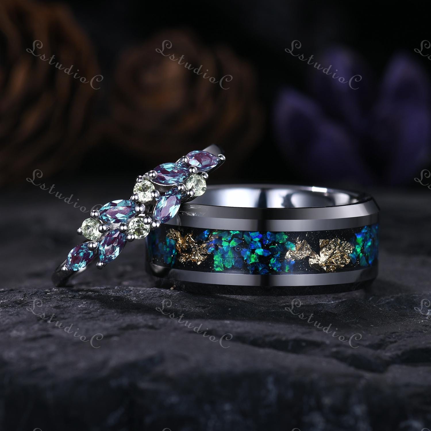 【17号】CTHY LUXURY MATERIAL ALL STONE RING Alexandrite Peridot Couple Ring Set Blue Opal Tungsten Mens Ring
