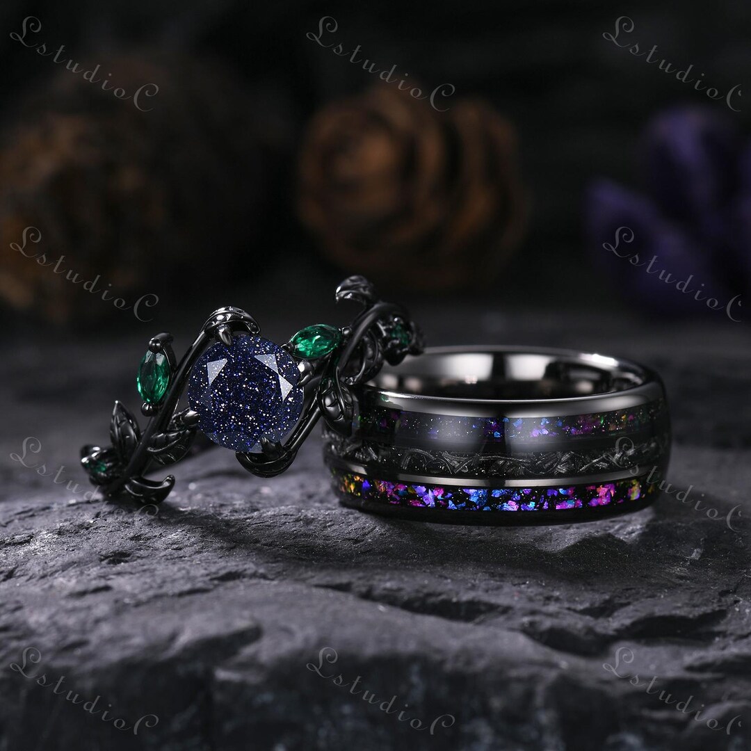 Vintage Sandstone Couple Ring Set Black Gold Men's Galaxy