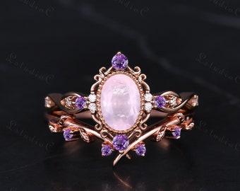 Art Deco Oval Rose Quartz Engagement Ring Set Vintage Amethyst Leaf Stacking Ring Filigree Pink Stone Wedding Bridal Set Antique Bezel Ring