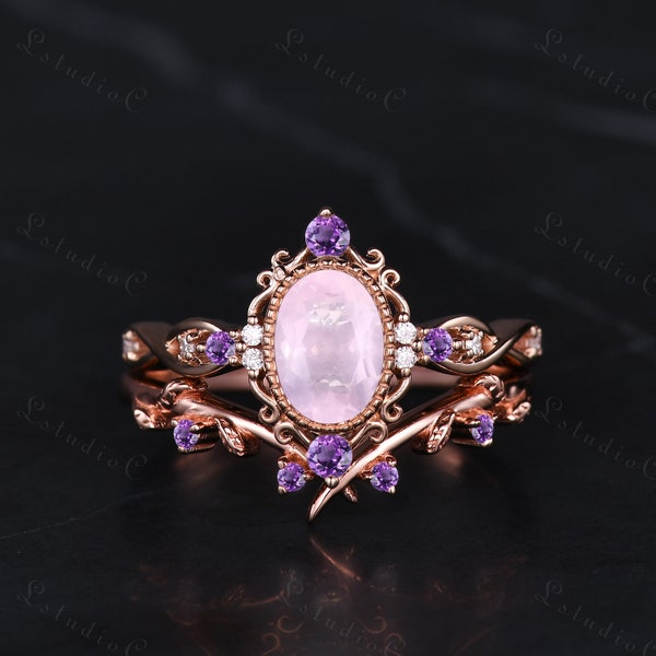 Art Deco Oval Rose Quartz Engagement Ring Set Vintage Amethyst Leaf Stacking Ring Filigree Pink Stone Wedding Bridal Set Antique Bezel Ring