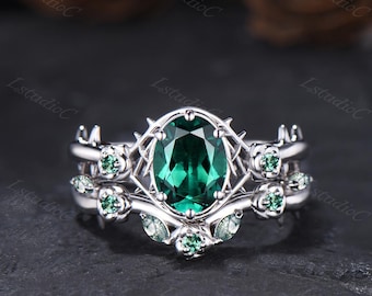 Thorn Rose Oval Cut Emerald Gothic Engagement Ring Set Silver White Gold Moss Agate Floral Green Stones Promise Ring Fantasy Gift for Her
