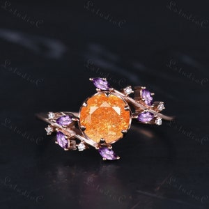 Vintage Natural Sunstone Engagement Ring Rose Gold Art Deco Marquise Amethyst Ring Unique Leaf Branch Ring Dainty Moissanite Ring for Women