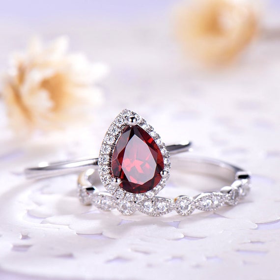 Garnet Engagement Ring Set Pear Shaped Cut White Gold 925 Sterling