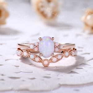 Oval Opal Engagement Ring Set Rose Gold Opal Wedding Ring Set Curved Wedding Band Vintage Opal Bridal Set Dainty Opal Ring Sterling Silver